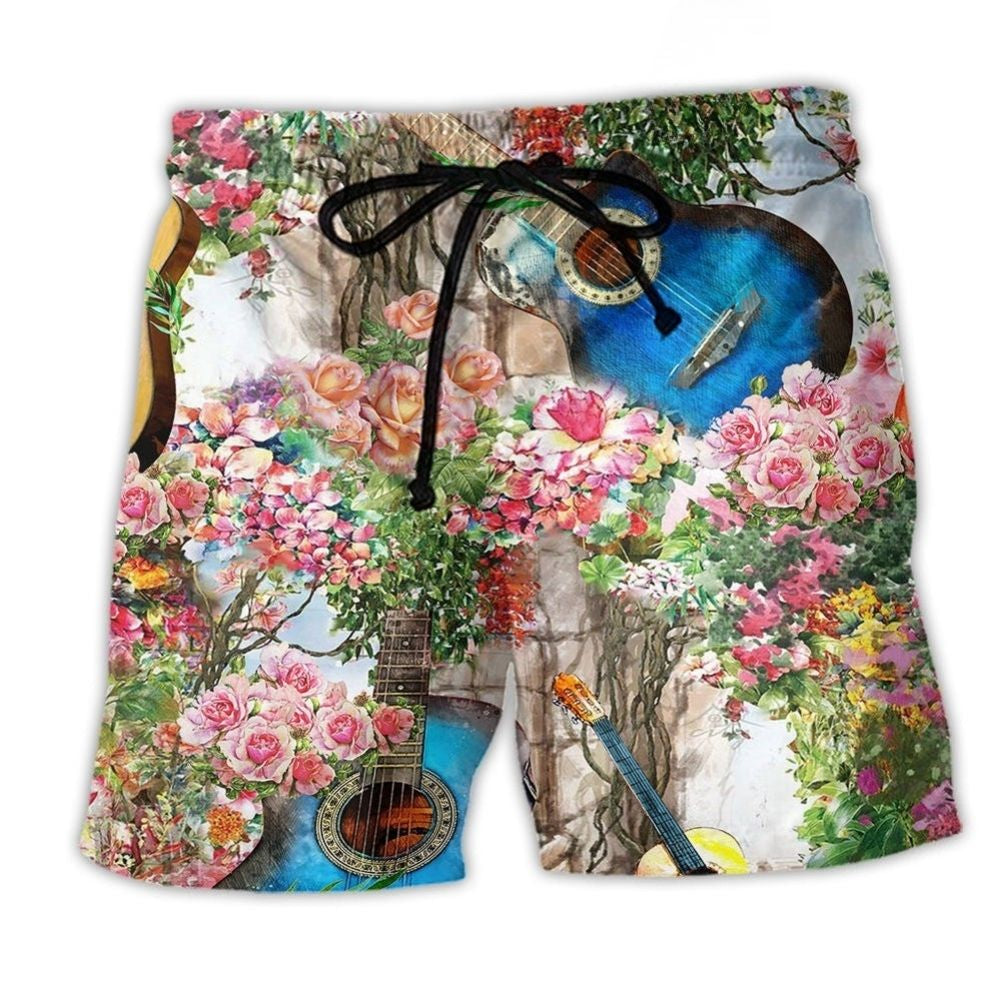 Guitar Melody And Rose Garden Beach Shorts Artwork Detail For Comfortable Everyday Summer Wear