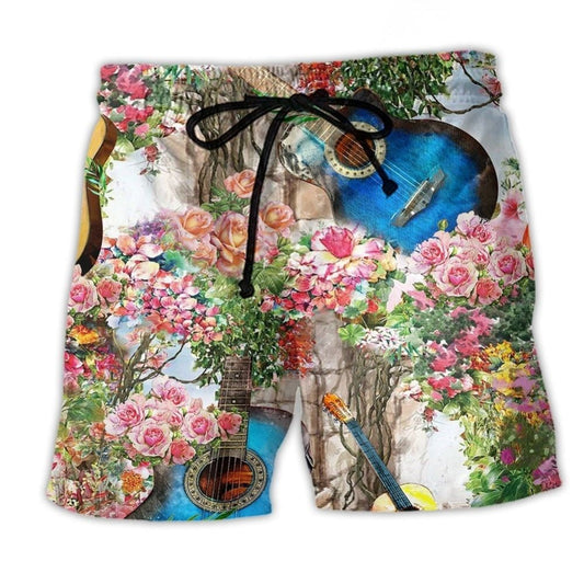 Guitar Melody And Rose Garden Beach Shorts Artwork Detail For Comfortable Everyday Summer Wear