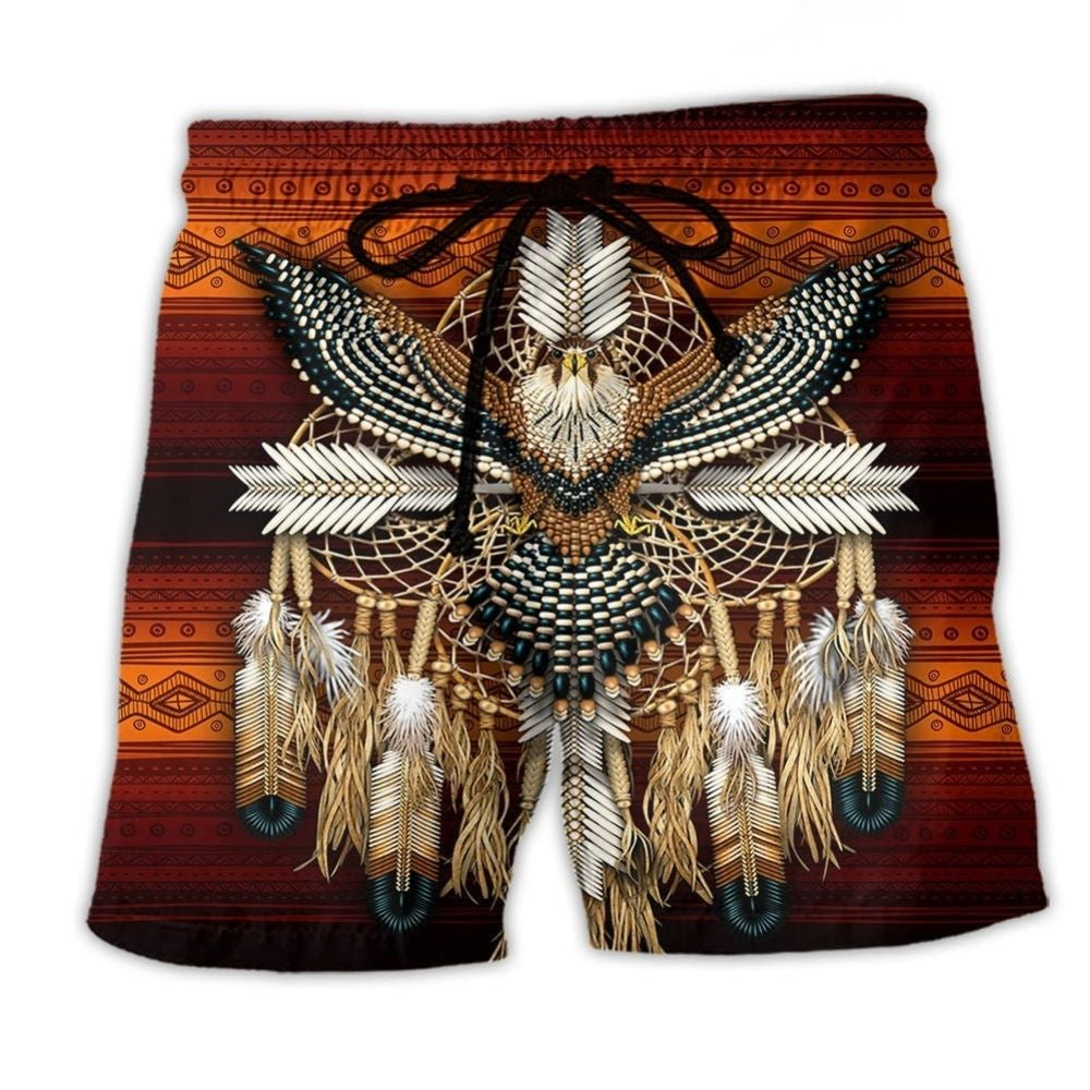 Native Style Eagle Symbol Of Peace Beach Shorts Artwork Detail For Comfortable Everyday Summer Wear