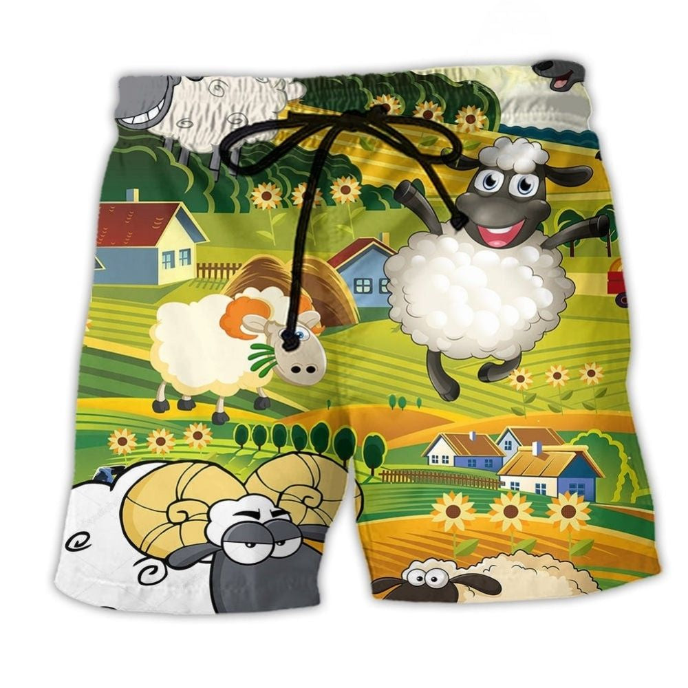Sheep Happiness Peaceful Landscape Beach Shorts Design Detail For Weekend Getaways And Beach Days
