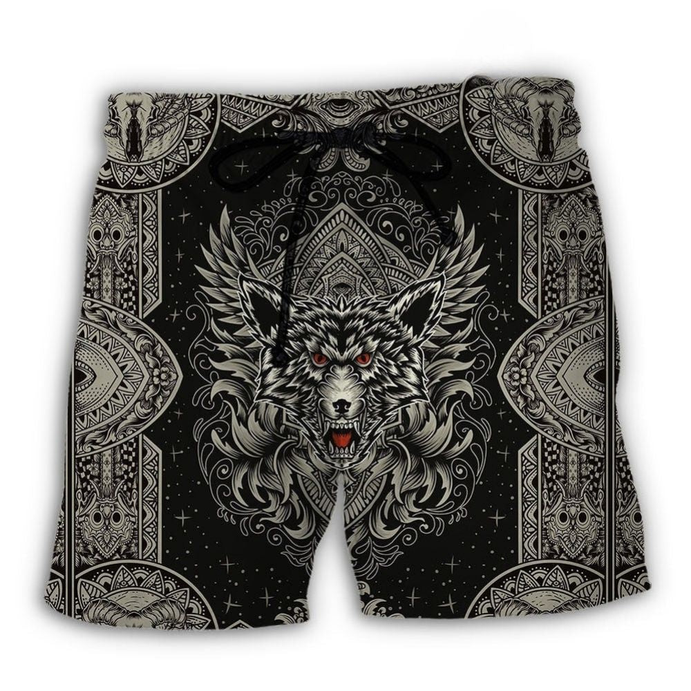 Minimal Wolf Line Dark Beach Shorts For Summer Vacation And Coastal Travel