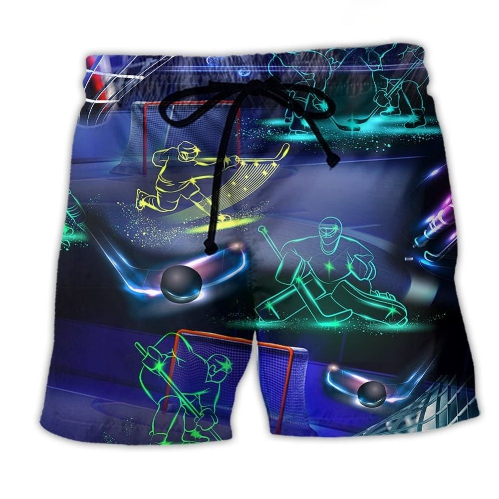 Ice Hockey Neon Color Beach Shorts Pattern View For Resort Days And Outdoor Activities