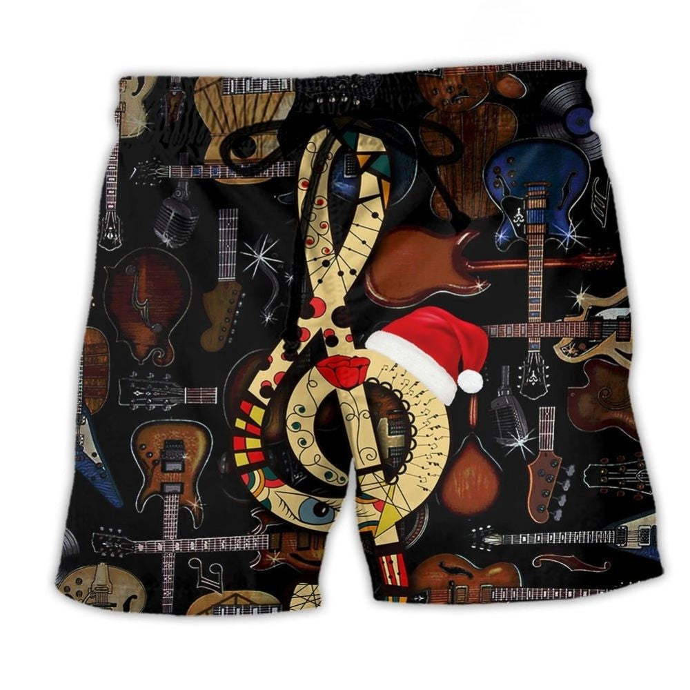 Guitar Christmas Happiness Music Beach Shorts Print Detail For Beach Activities And Vacation Wear