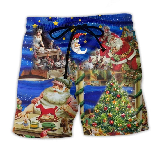 Christmas Night Toy Workshop Beach Shorts Artwork View For Seaside Trips And Casual Style