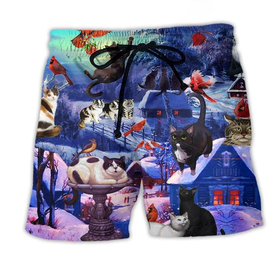 Cat Watching Cardinals Winter Beach Shorts For Summer Vacation And Coastal Travel