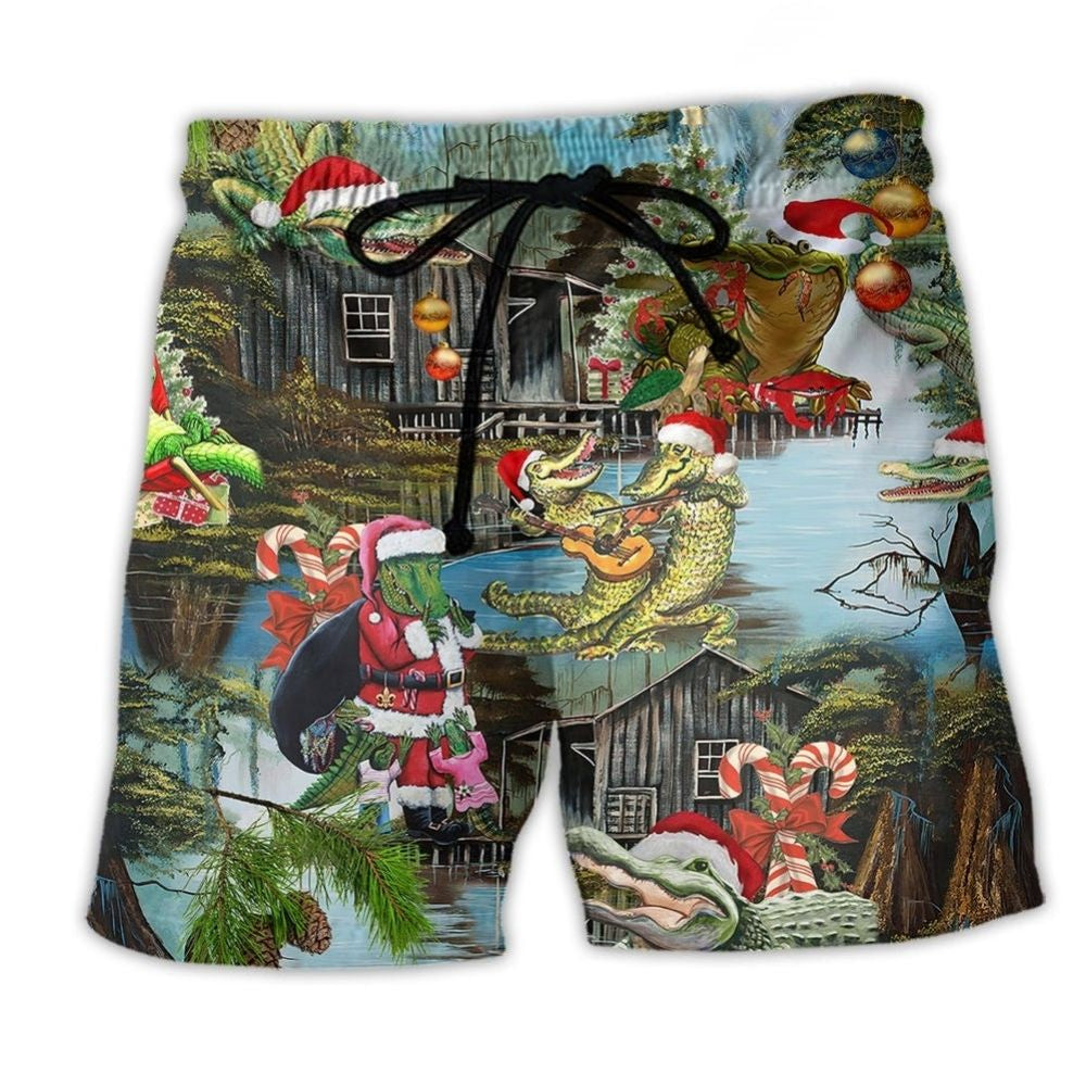 Alligator Christmas Goodbye Humor Beach Shorts Design View For Comfortable Resort And Beach Styling