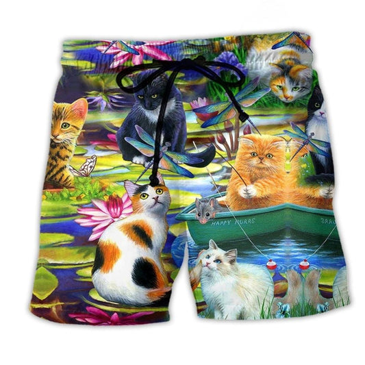 Curious Cat Water Lily Lake Beach Shorts Pattern View For Coastal Holidays And Casual Activities