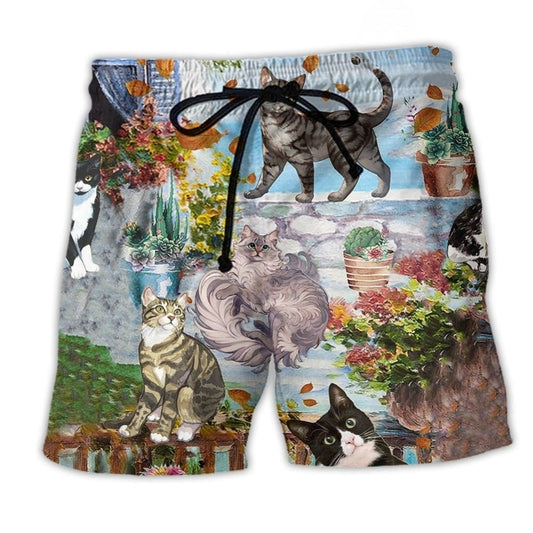 Cat Loves Home And Hot Summer Comfort Beach Shorts Pattern Detail For Sunny Outdoor Activities