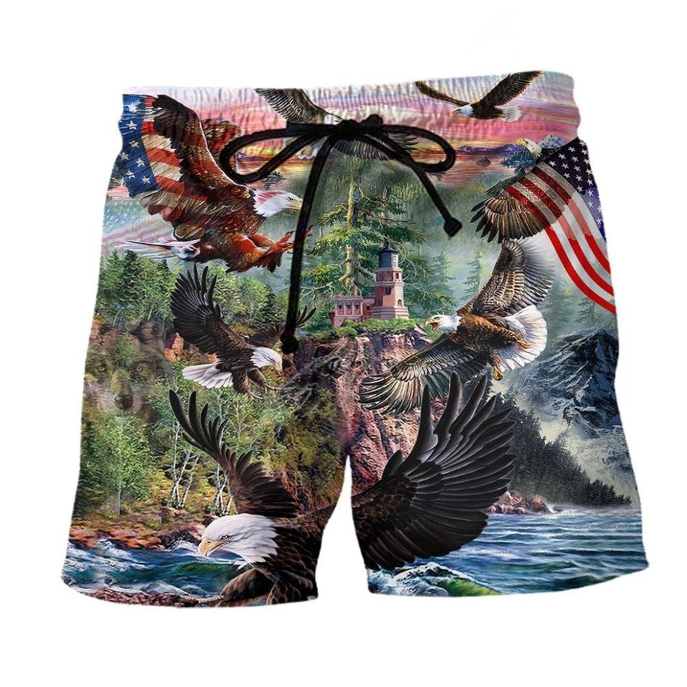 Eagle Wild Spirit Of America Beach Shorts Artwork Detail For Casual Warm Weather Outfits