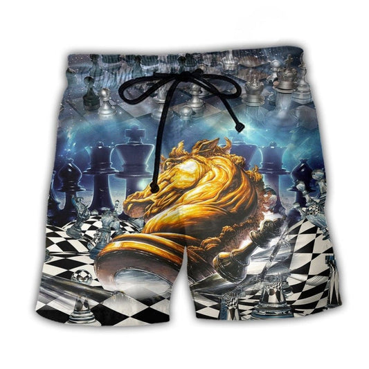 Chess Power Of The Knights Strategic Beach Shorts Artwork Detail For Comfortable Everyday Summer Wear
