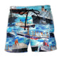 Cargo Ship Sailing Blue Sea Beach Shorts Design Detail For Casual Warm Weather Outfits