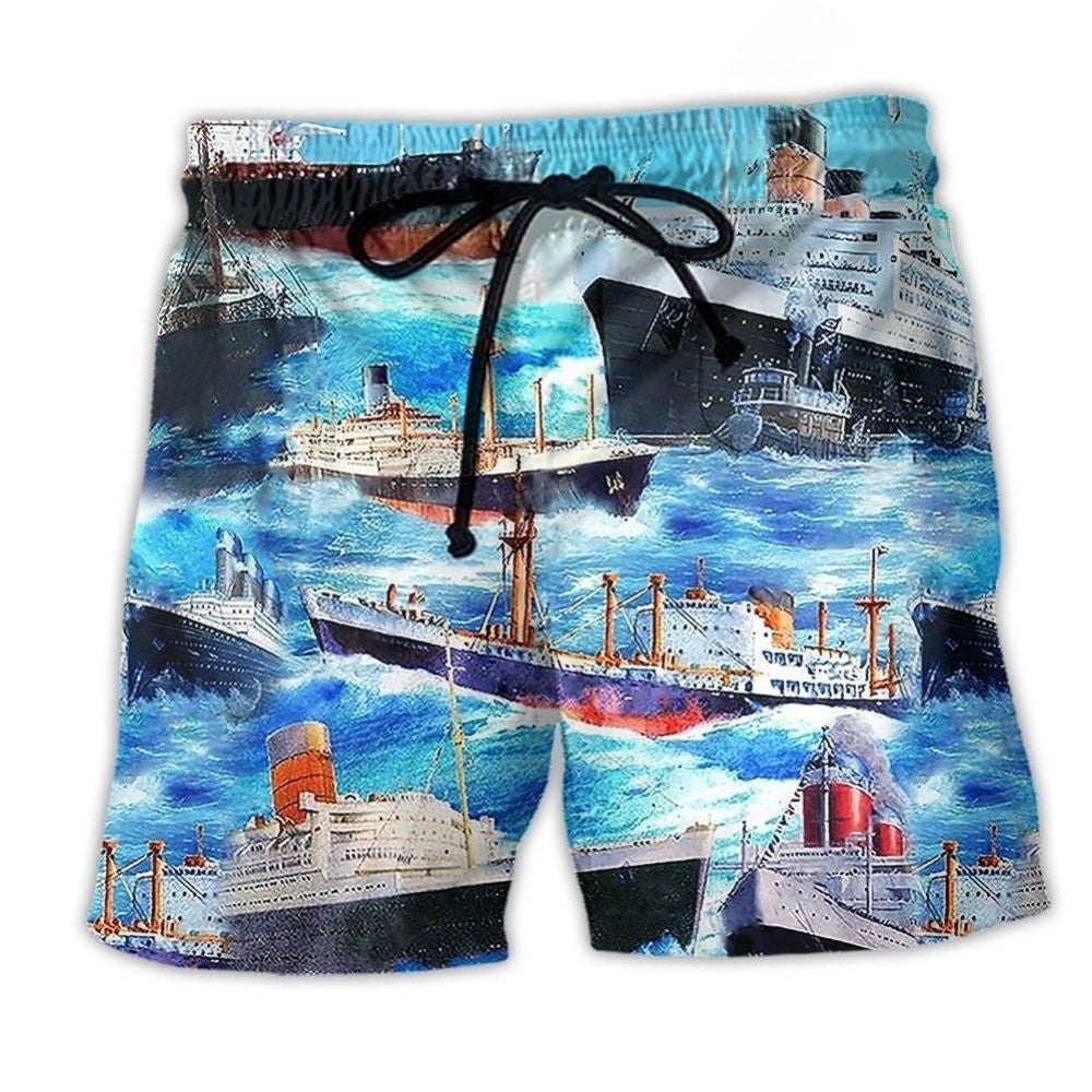 Cargo Ship Sailing Blue Sea Beach Shorts Design Detail For Casual Warm Weather Outfits