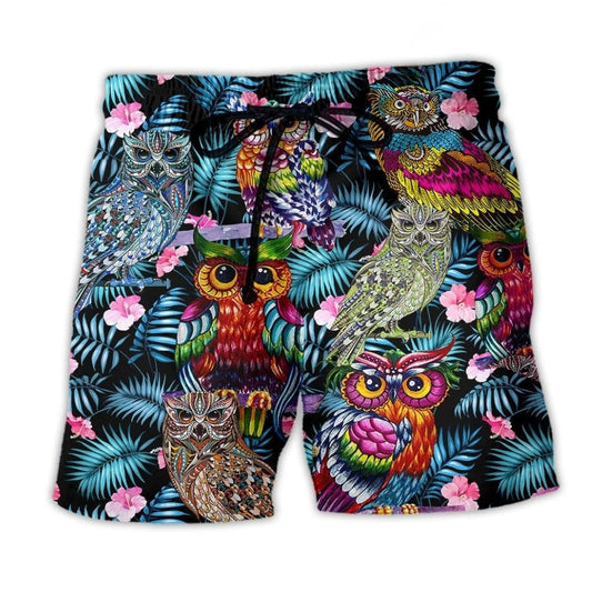 Owl Flowers Colorful Beach Shorts Print Detail For Relaxed Warm Weather Outfits