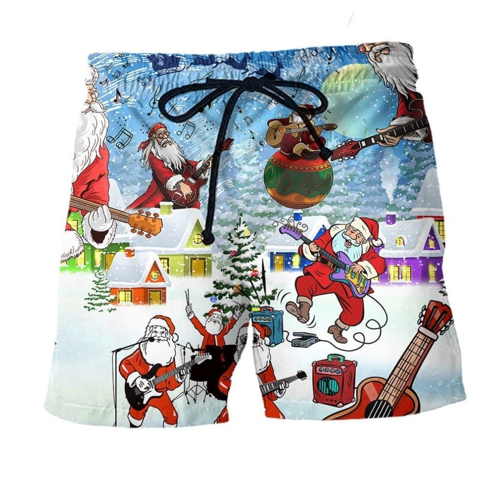 Santa Loves Music And Guitar Beach Shorts Print Detail For Festive Outdoor Gatherings