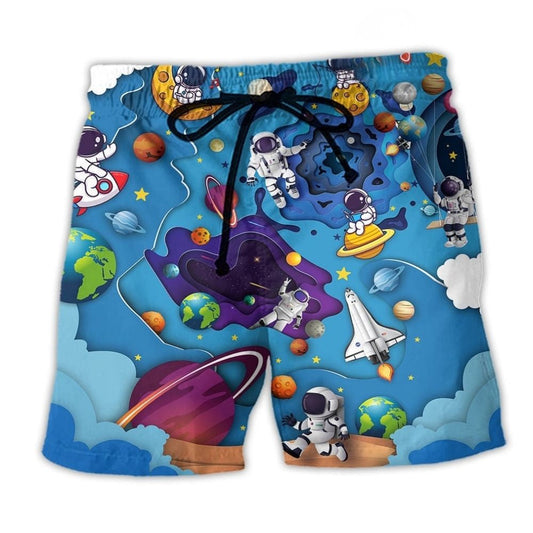 Galaxy Spaceship Journey Beach Shorts Print Detail For Thoughtful Gift Giving
