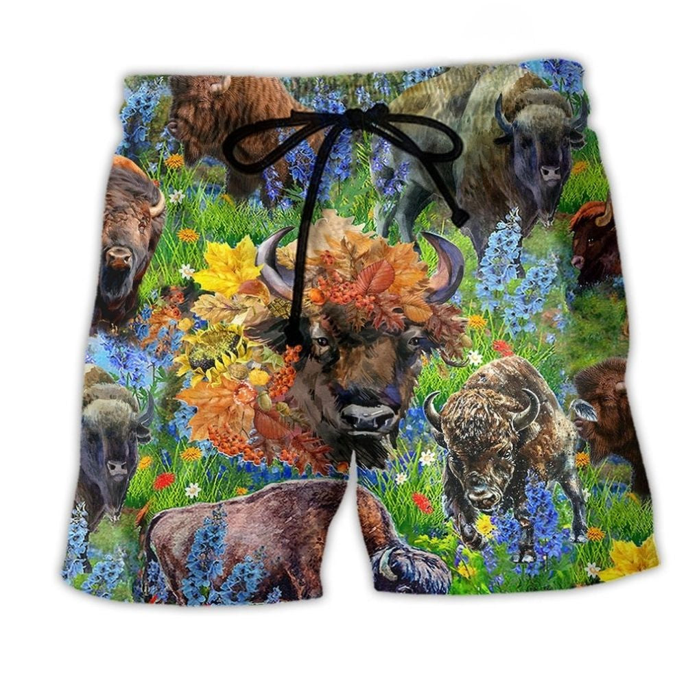 Buffalo Floral Field Animal Beach Shorts For Sunny Day Getaways And Lightweight Summer Style