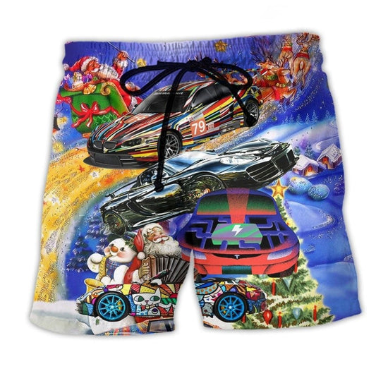 Funny Christmas Car Holiday Beach Shorts Design Detail For Casual Warm Weather Outfits