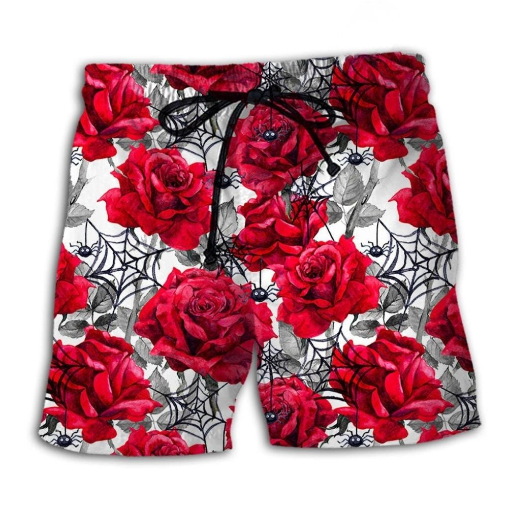 Spider And Red Rose Gothic Beach Shorts Print View For Coastal Escapes And Casual Outings