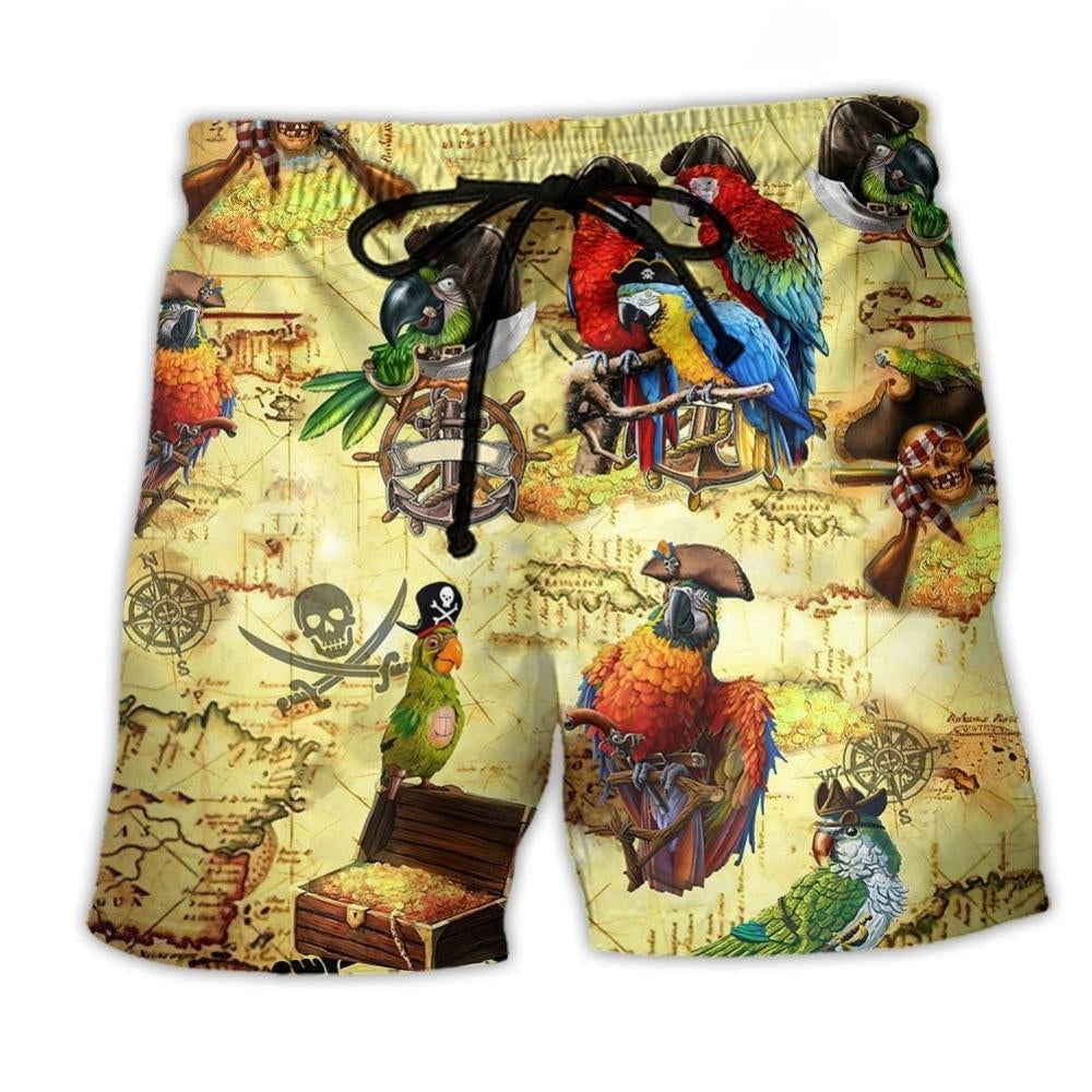 Pirate Parrot Birds Beach Shorts Artwork Detail For Casual Warm Weather Outfits