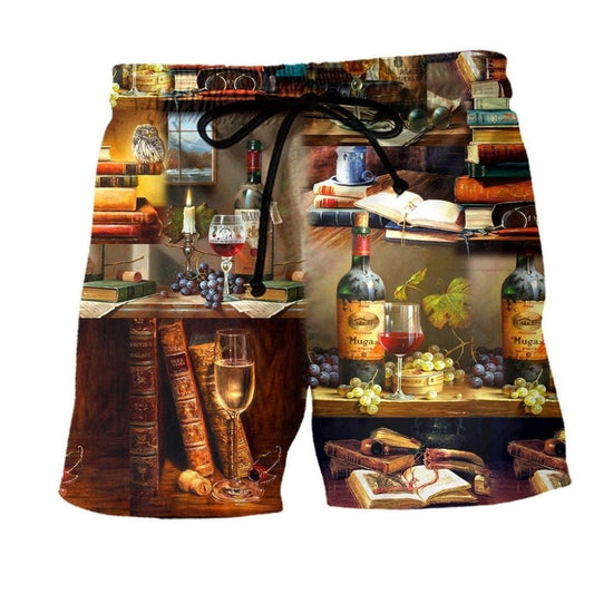Books And Fine Drink Lover Beach Shorts Print Detail For Thoughtful Gift Giving