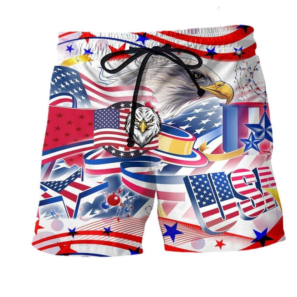 America Eagle Freedom Day Beach Shorts Artwork Detail For Casual Warm Weather Outfits