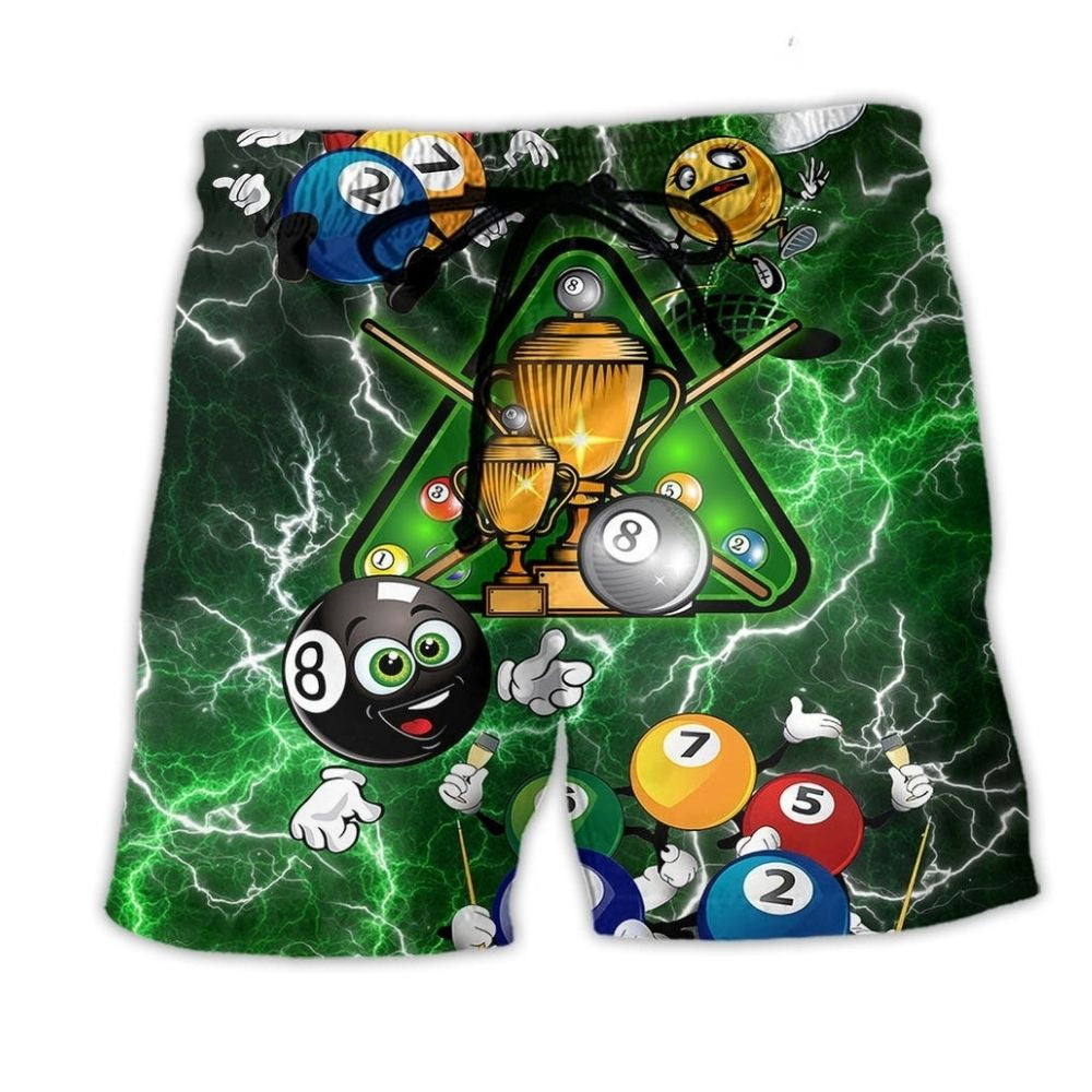 Billiard Lover Humor Green Beach Shorts Design Detail For Resort And Beach Day Style