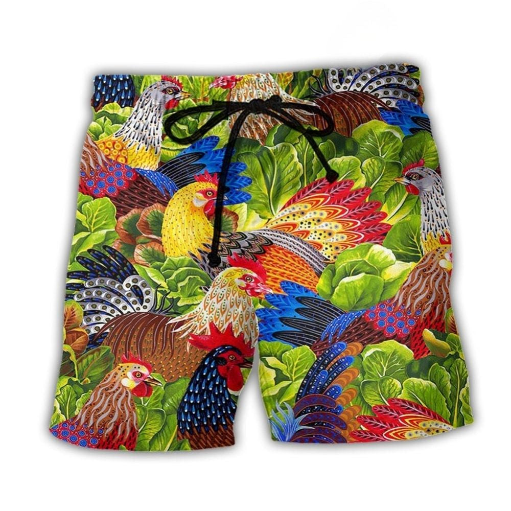 Colorful Chicken Family Lover Farm Beach Shorts Design Detail For Casual Warm Weather Outfits