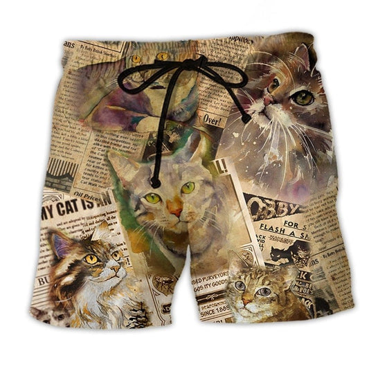Cat Journal Retro Cool Beach Shorts Artwork Detail For Comfortable Everyday Summer Wear