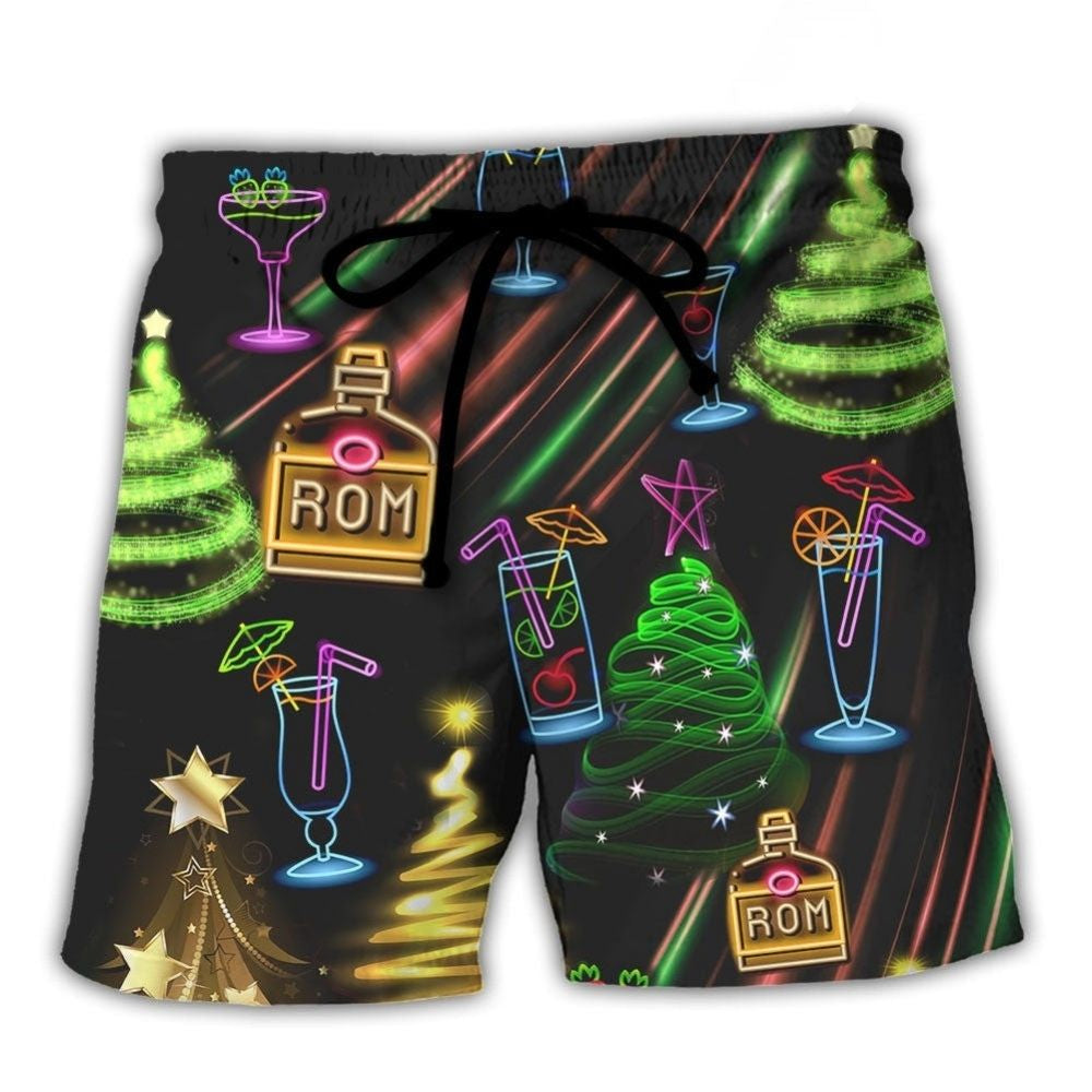 Christmas Rum Neon Party Beach Shorts Design View For Summer Events And Coastal Getaways