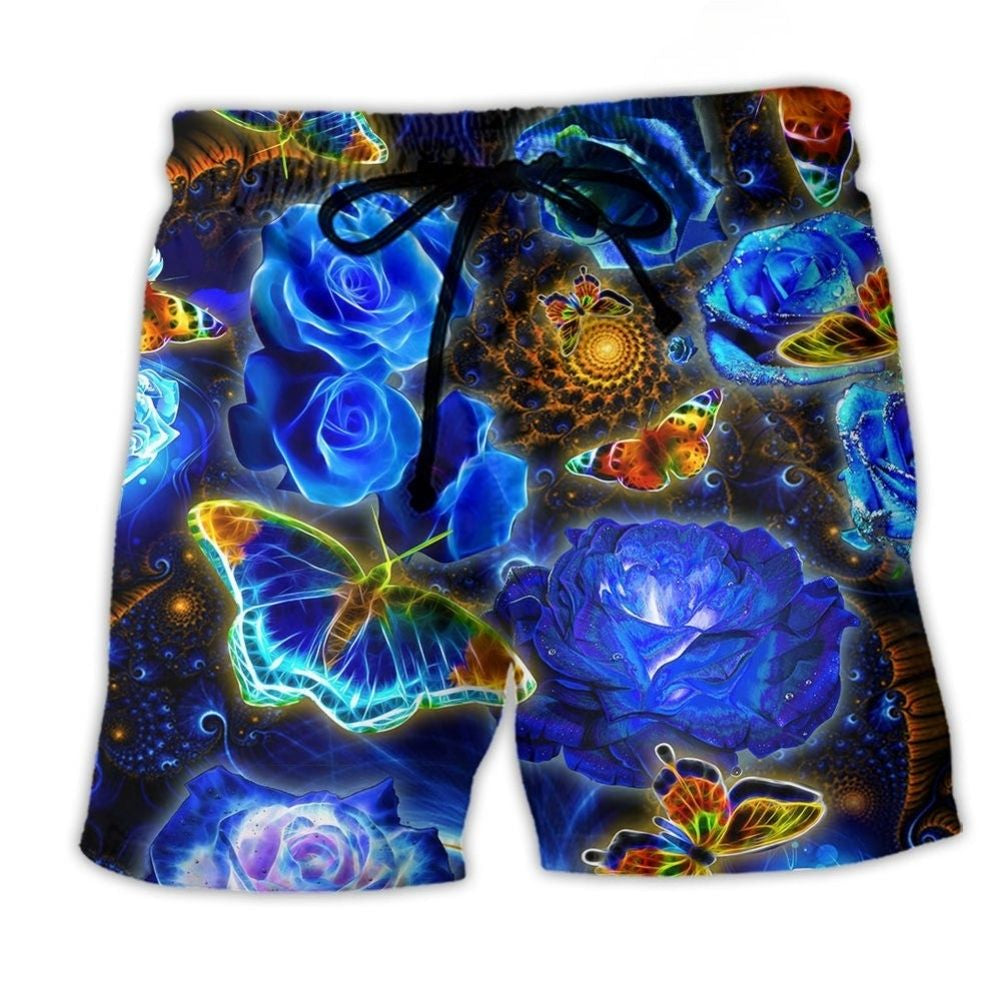Glowing Blue Rose Butterfly Beach Shorts For Seaside Travel And Relaxed Casual Style
