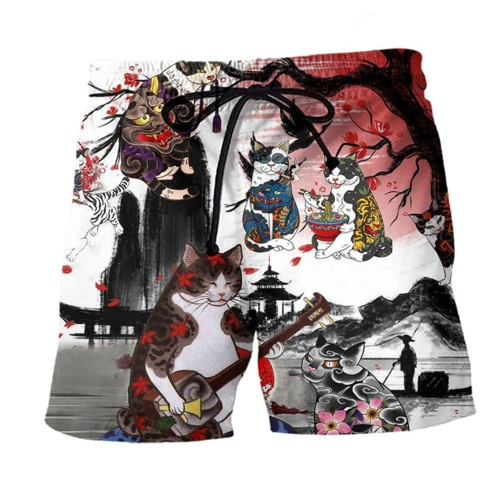 Cat Japanese Inspired Beach Shorts For Summer Vacation And Coastal Travel