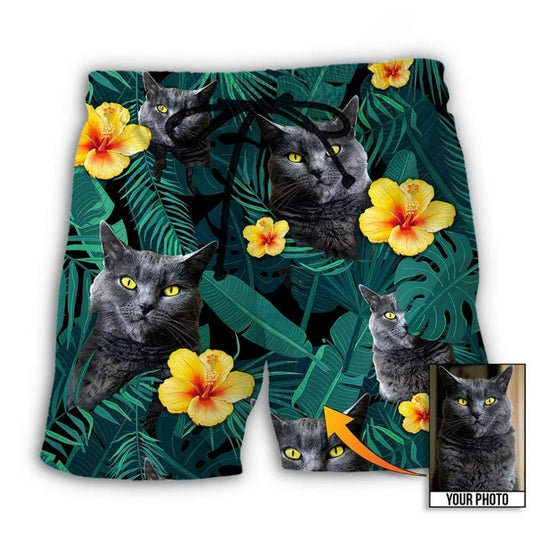 Black Cat Tropical Green Beach Shorts Pattern View For Relaxed Vacation Styling