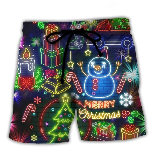 Merry Christmas Neon Holiday Lights Beach Shorts Artwork Detail For Tropical Travel And Everyday Wear