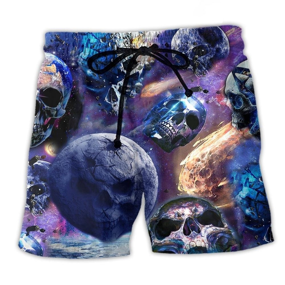 Skull Galaxy Purple Planet Beach Shorts Pattern View For Weekend Trips And Outdoor Activities