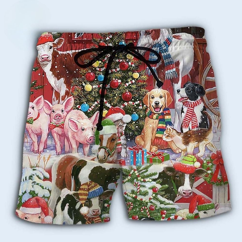 Farm Animals Merry Christmas Beach Shorts Design Detail For Casual Warm Weather Outfits