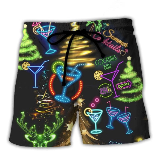 Christmas Cocktail Neon Party Beach Shorts Pattern View For Resort Days And Outdoor Activities