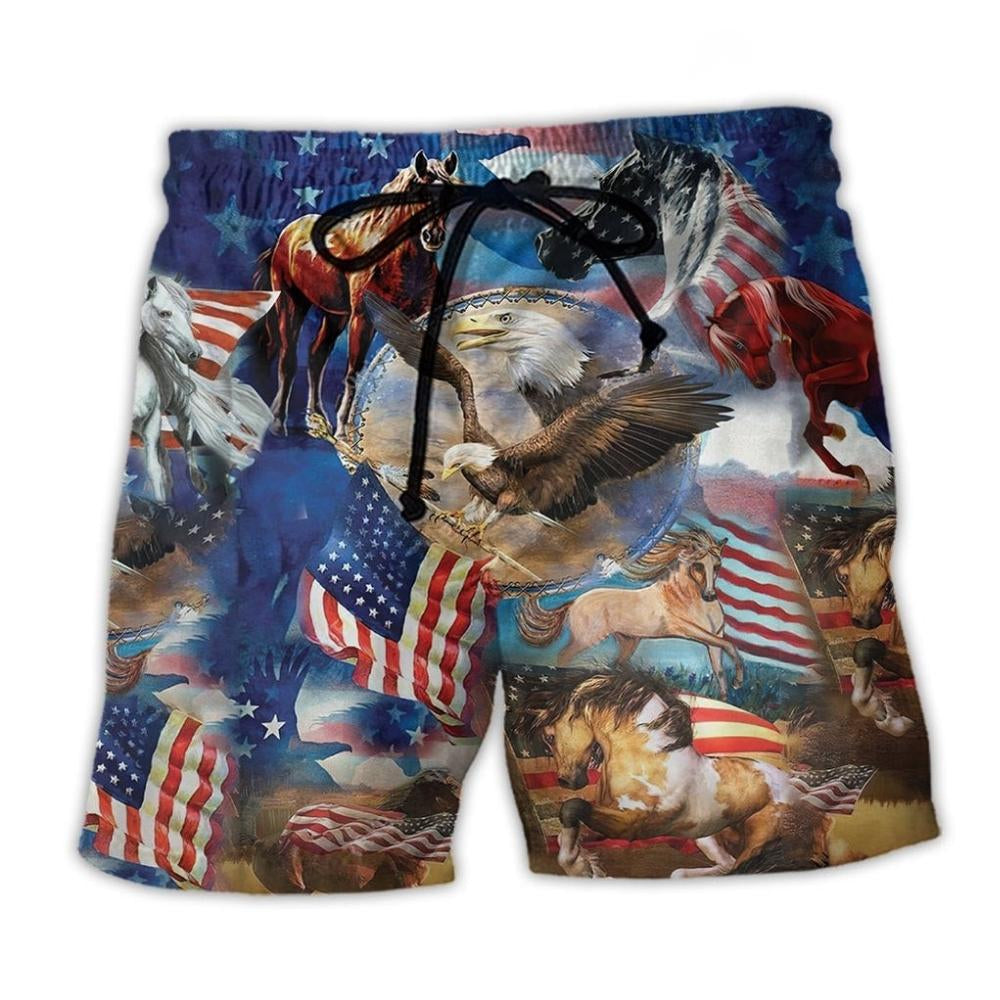 Horse America Patriotic Flag Beach Shorts Pattern View For Weekend Trips And Outdoor Activities