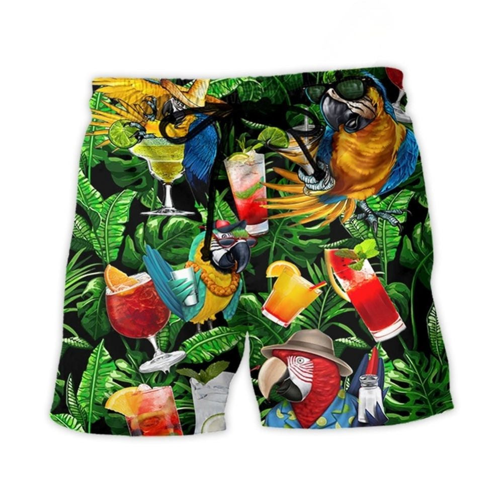 Parrot Cocktail Party Beach Shorts For Relaxed Shoreline Days And Easy Warm Weather Wear