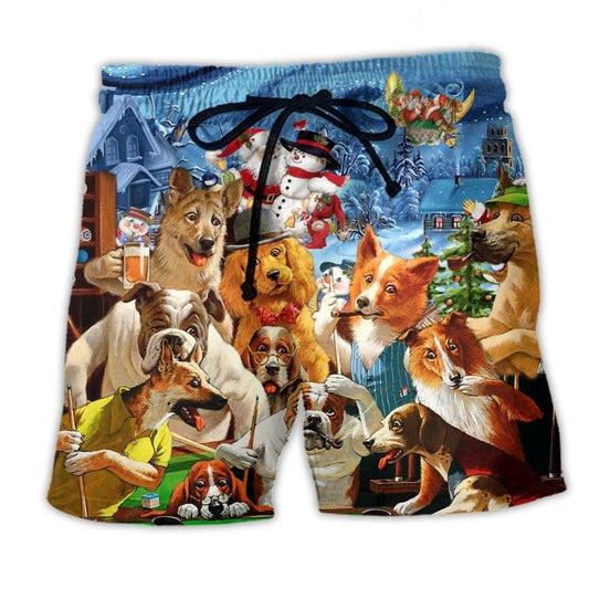 Vintage Dogs Playing Pool Billiard Beach Shorts Pattern Detail For Sunny Outdoor Activities