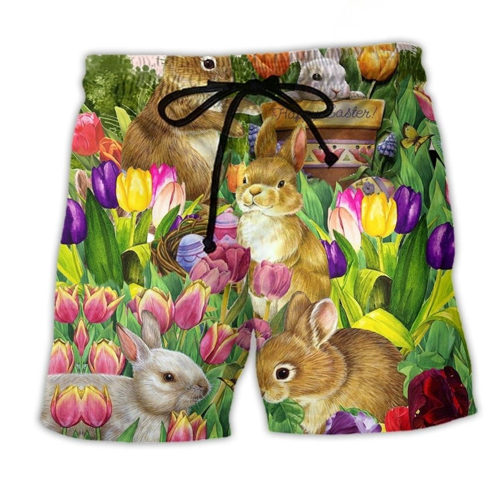 Easter Rabbit Tulip Garden Beach Shorts For Holiday Cruises And Bright Summer Outfits