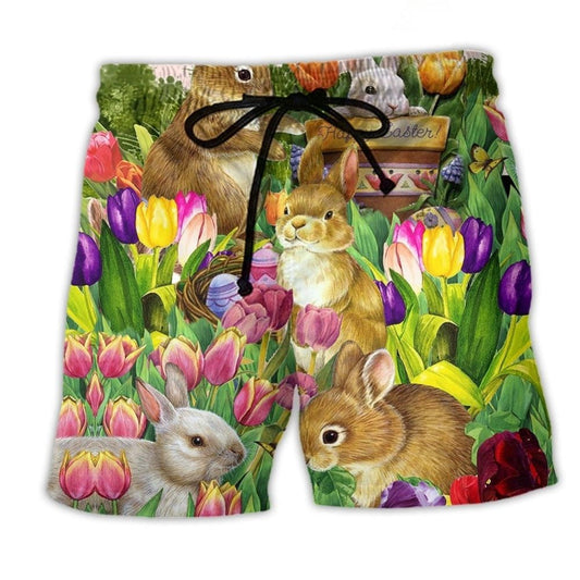 Easter Rabbit Tulip Garden Beach Shorts For Holiday Cruises And Bright Summer Outfits