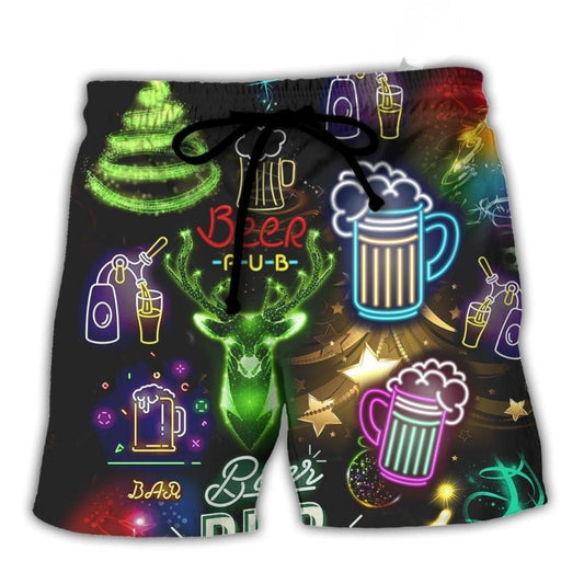 Christmas Beer Neon Party Beach Shorts Pattern View For Resort Days And Outdoor Activities