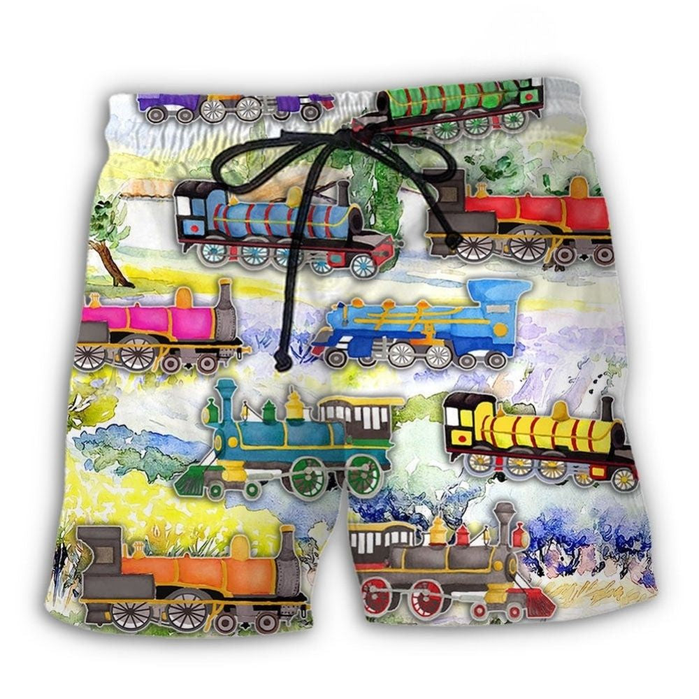 Train Watercolor Mountain Landscape Beach Shorts For Beach Trips And Relaxed Vacation Styling