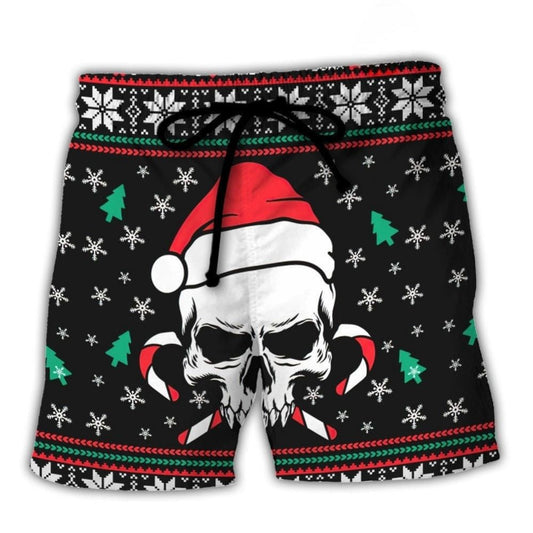 Christmas Skull Santa Hat Candy Beach Shorts Artwork Detail For Comfortable Everyday Summer Wear