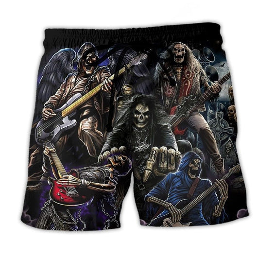 Skull Guitar Dark Rock Beach Shorts Design View For Summer Events And Coastal Getaways