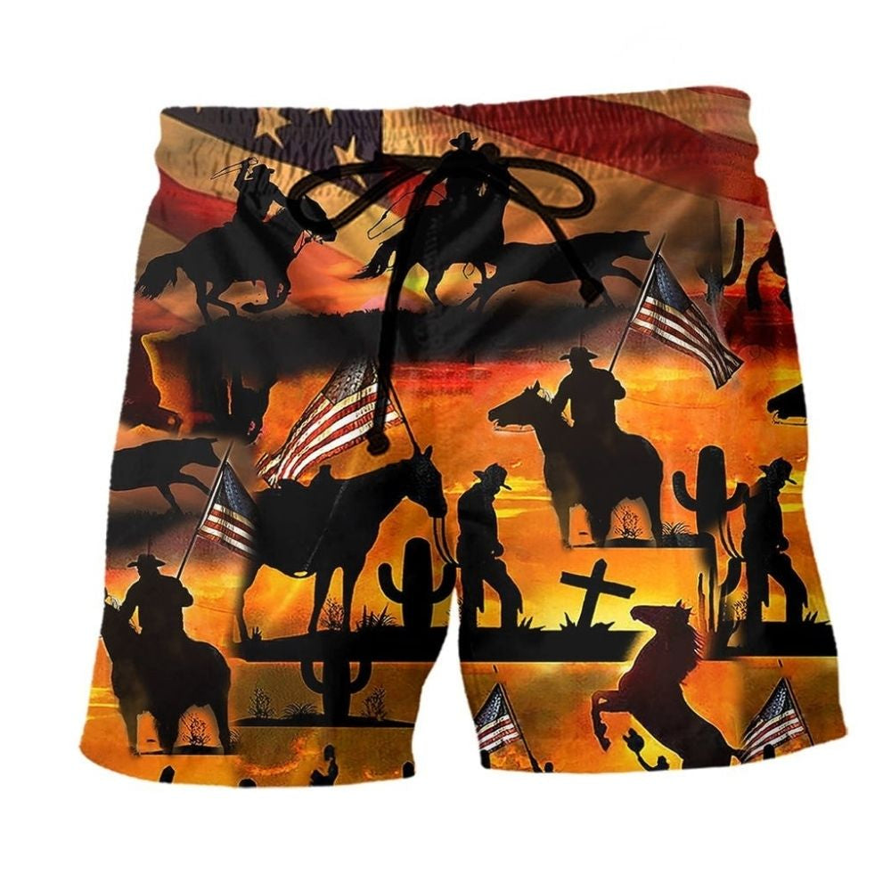 Cowboy America Sunset Beach Shorts Artwork Detail For Patriotic Gift Giving