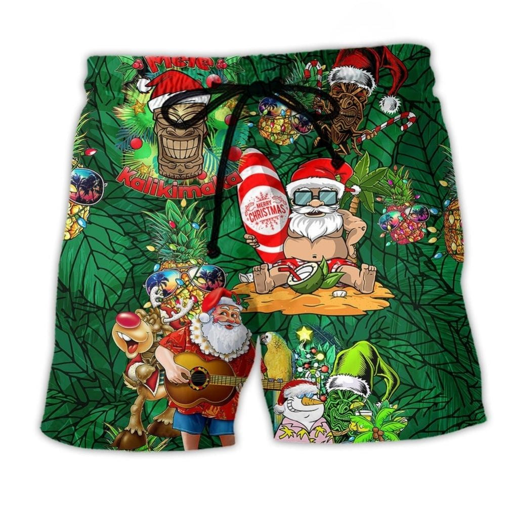 Tiki Christmas Humor Night Beach Shorts For Festive Vacation And Holiday Travel