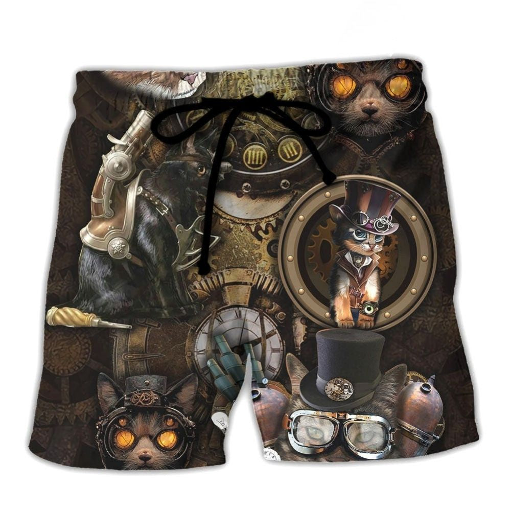 Steampunk Cat Magic Fantasy Beach Shorts For Coastal Adventures And Relaxed Summer Wear