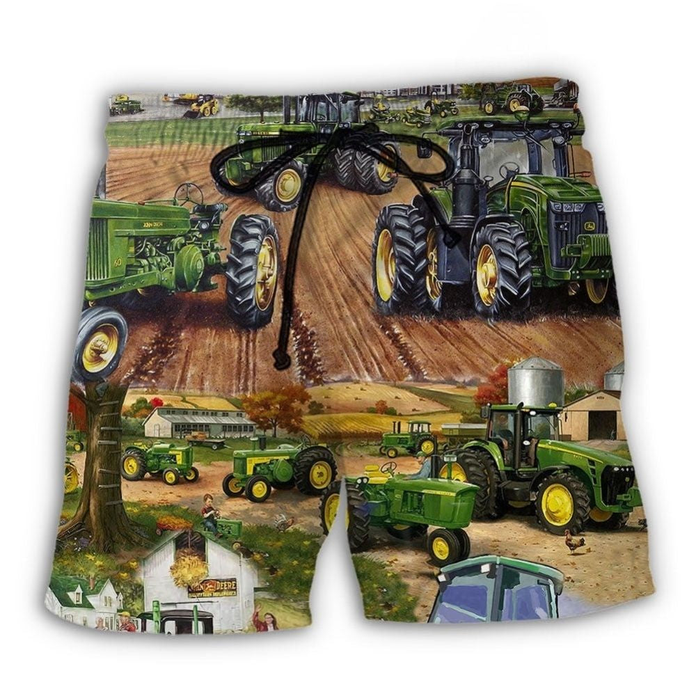 Green Tractor Farm Work Beach Shorts Pattern Detail For Sunny Outdoor Activities