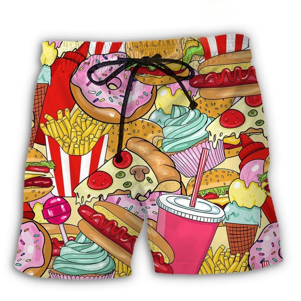 Colorful Junk Food Pop Beach Shorts Pattern View For Coastal Holidays And Casual Activities